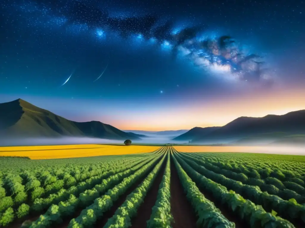 Influencia de las constelaciones en prácticas agrícolas: Noche estrellada sobre paisaje ancestral con labradores trabajando bajo el cielo estrellado