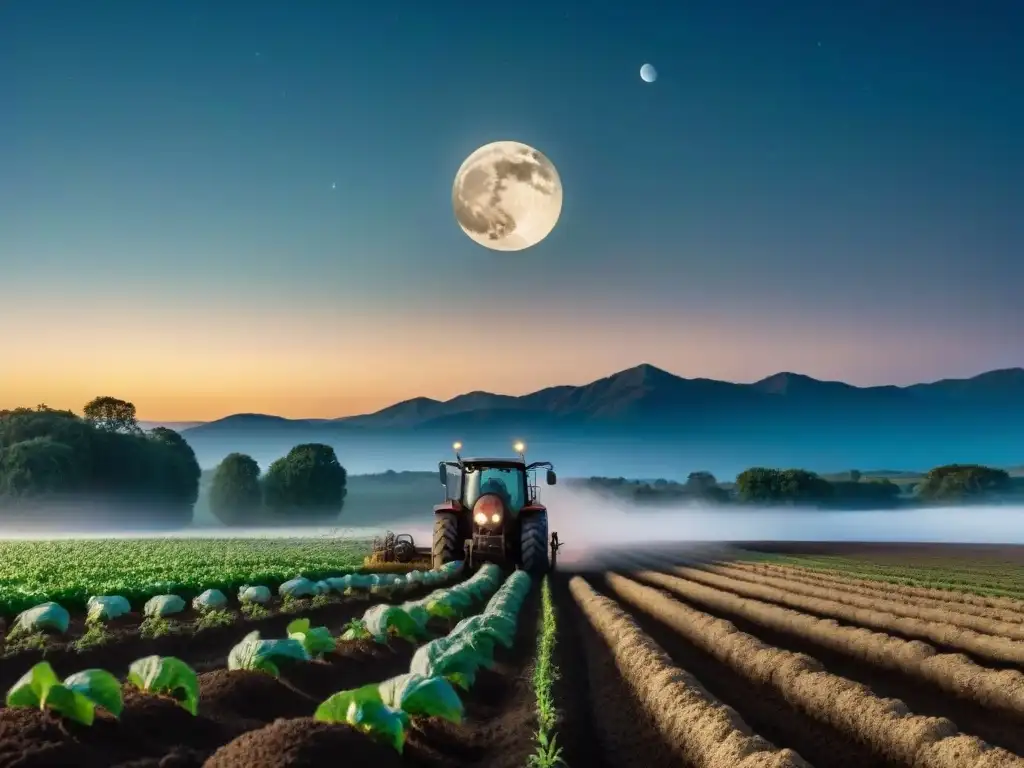 Sembrando bajo la influencia lunar en agricultura: un agricultor planta semillas con reverencia en un campo exuberante iluminado por la luna llena