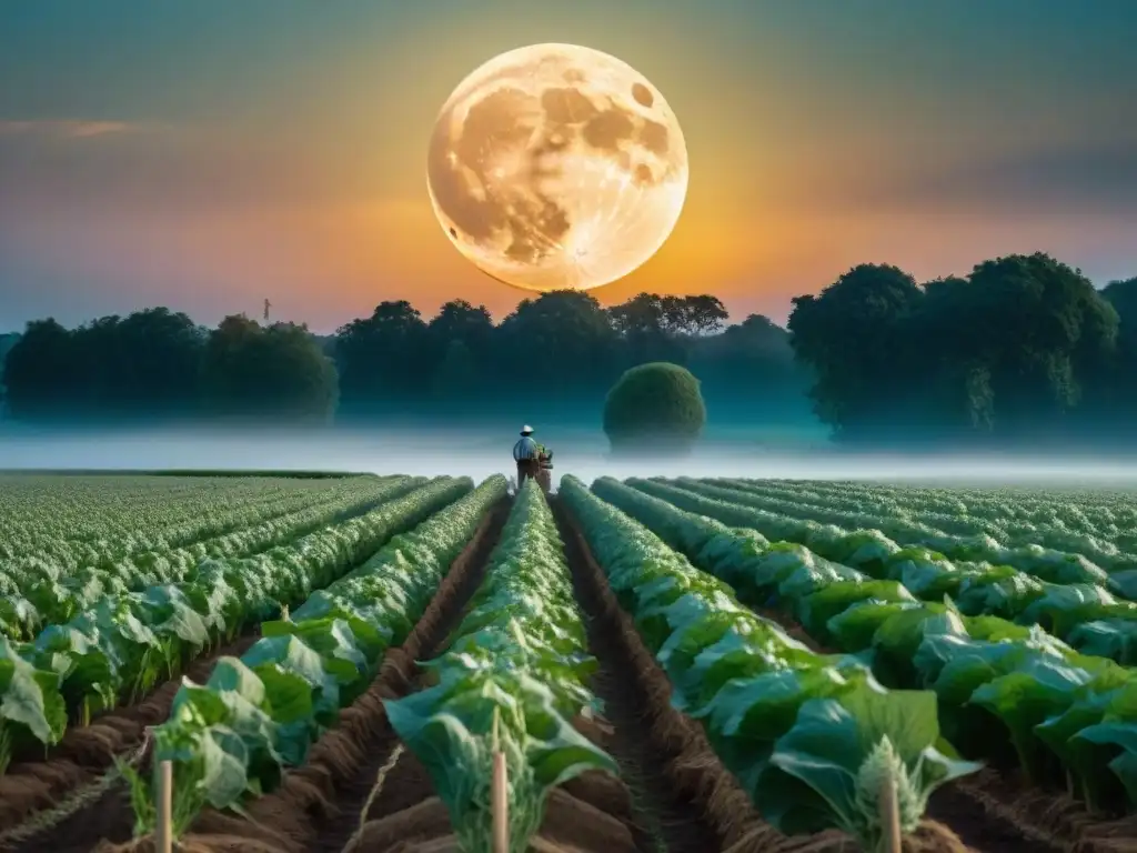 Influencia lunar en agricultura: Noche en el campo, luna llena iluminando cultivos y agricultores trabajando bajo su influjo ancestral