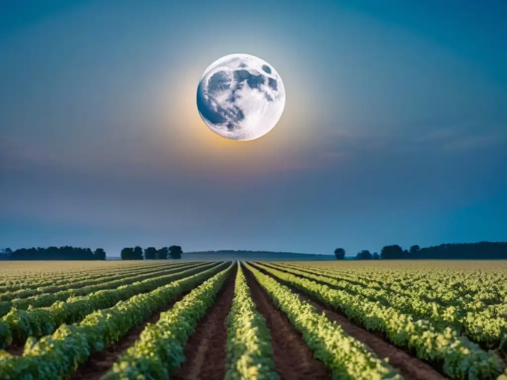 Influencia lunar en agricultura: Noche serena sobre campo agrícola, iluminado por la luna llena