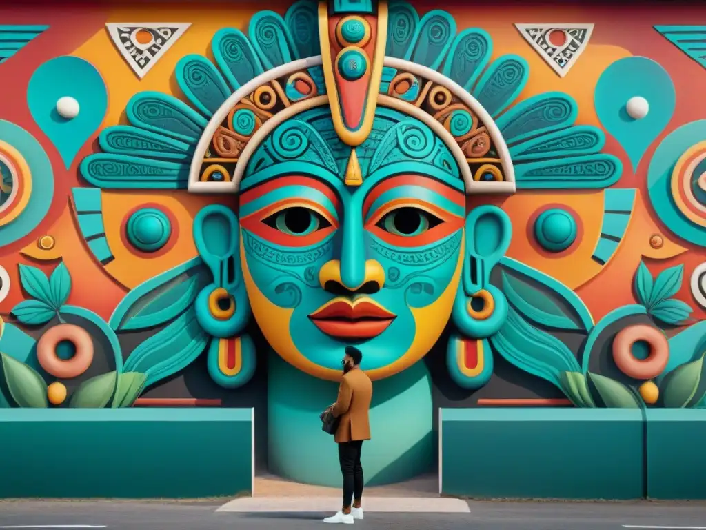 Influencia maya y surrealismo moderno fusionados en un mural vibrante y detallado