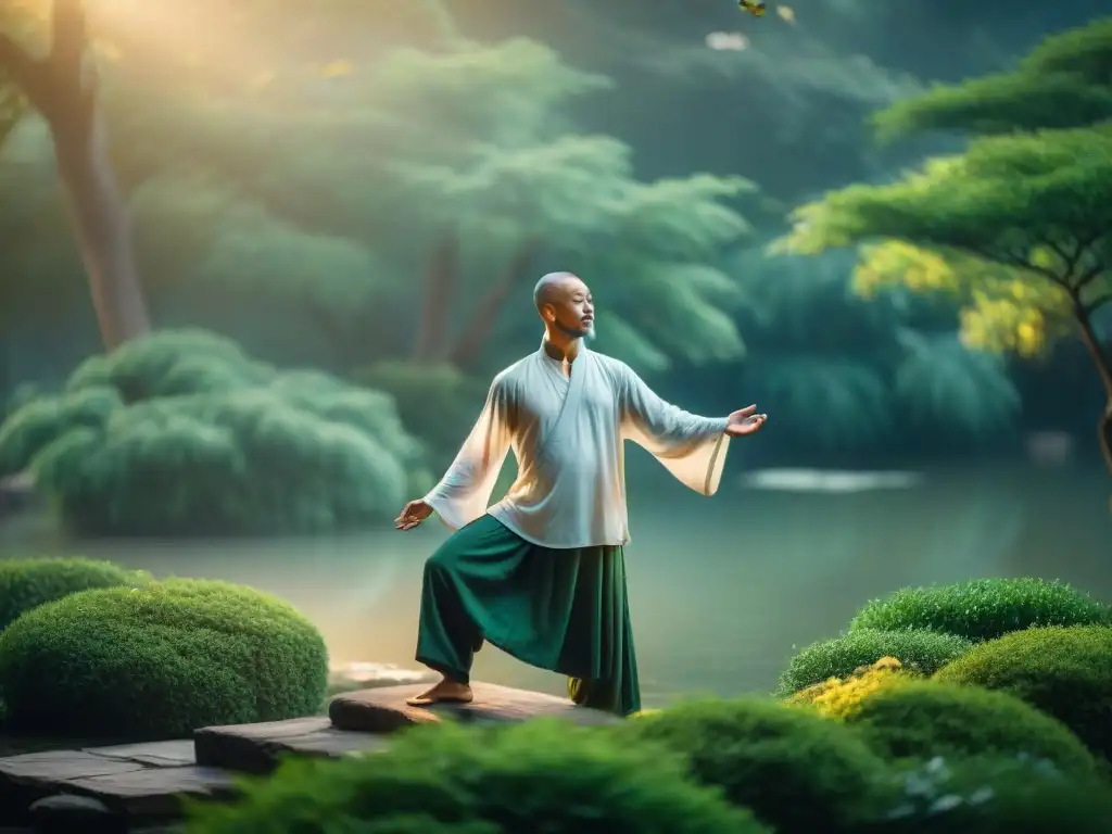 Influencia taoísta en civilizaciones antiguas: Monje taoísta practicando Tai Chi al amanecer en un jardín sereno, armonizando yin y yang con gracia y concentración