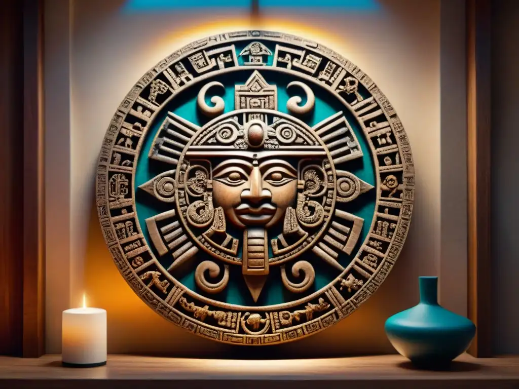 Influencias astrológicas mayas en diseño de interiores: Detalle de calendario maya tallado en madera con luz solar filtrándose