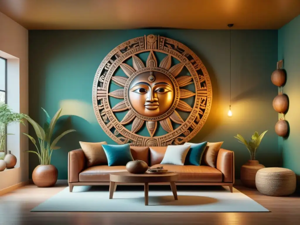 Influencias astrológicas mayas en diseño de interiores: Sala con elementos inspirados en signos mayas y arte tradicional