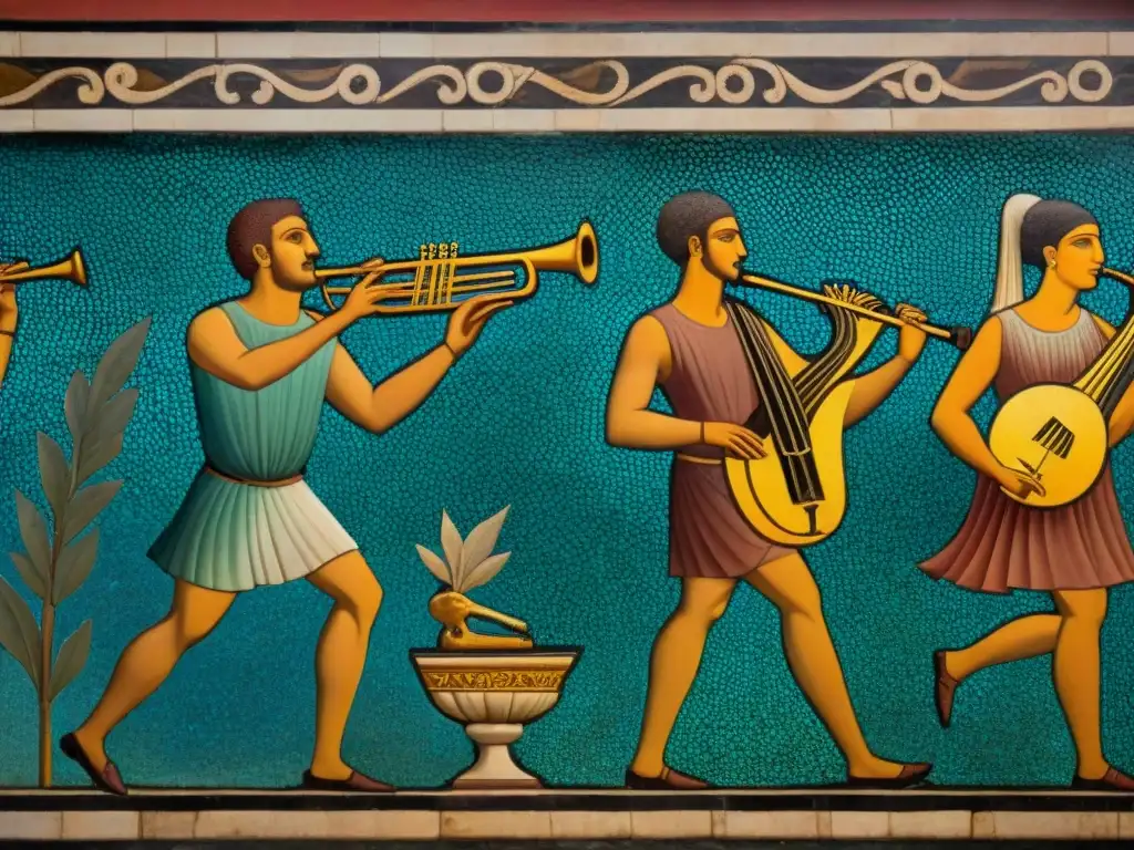 Influencias musicales antiguas en géneros: Mosaico detallado de músicos antiguos tocando instrumentos en Pompeya