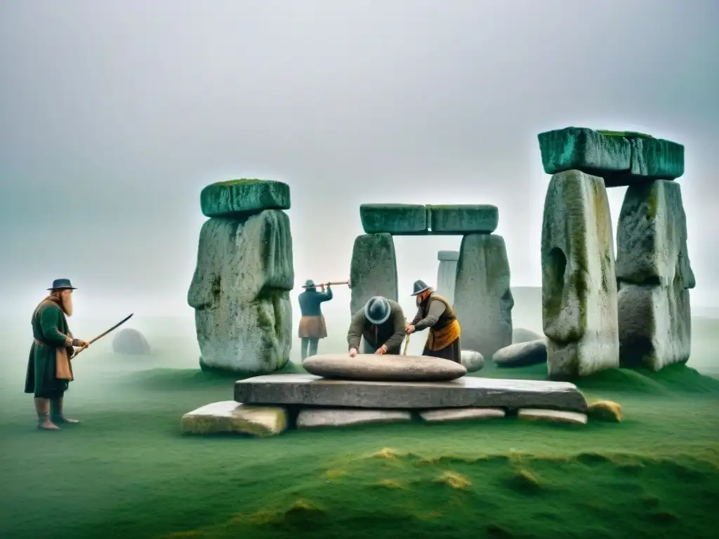 Ingenieros celtas antiguos construyen Stonehenge con herramientas de madera bajo la mirada del druida