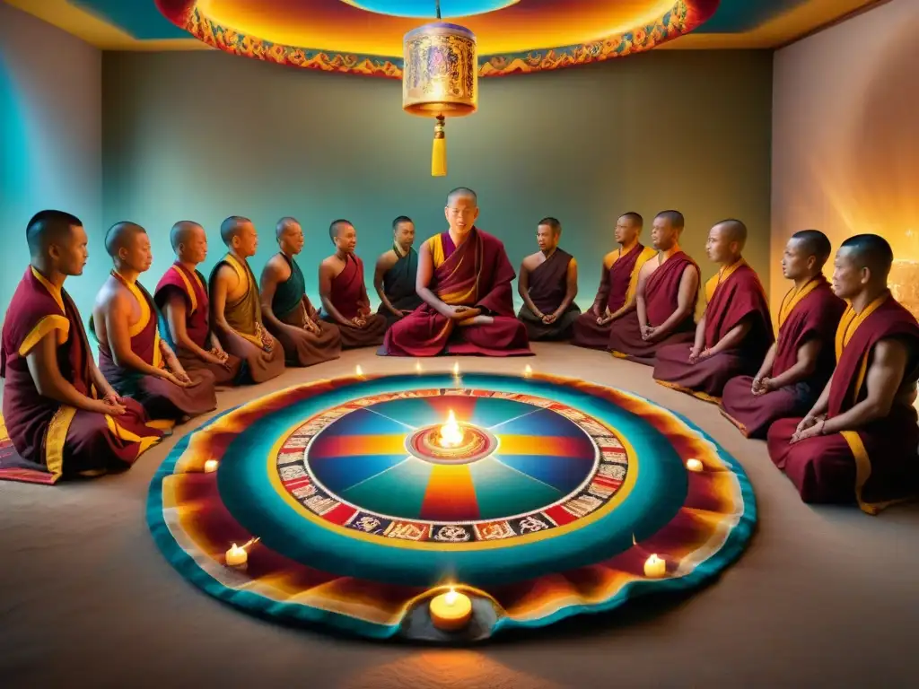 Iniciaciones místicas en el Tíbet: Monjes tibetanos en ritual alrededor de un mandala de arena, iluminados por lámparas