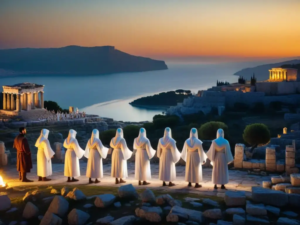 Procesión de iniciados en Eleusis al anochecer, evocando los Rituales de iniciación en Grecia