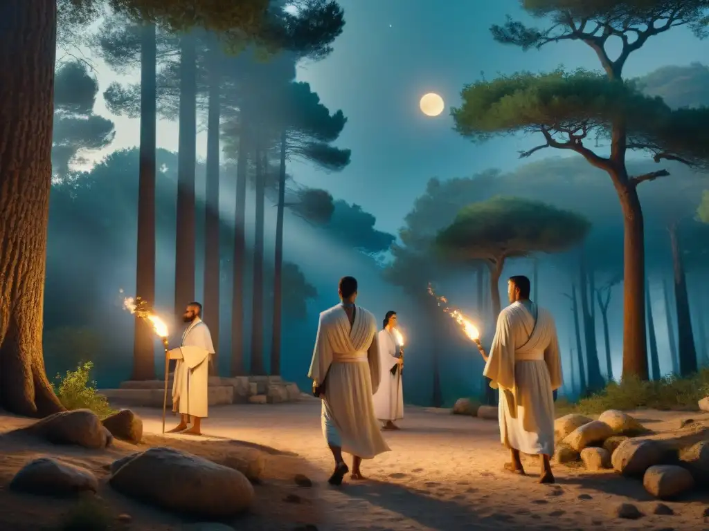 Iniciación mística en bosque antiguo: Eleusis Iniciados en túnicas blancas con antorchas, avanzan hacia templo en bosque nocturno
