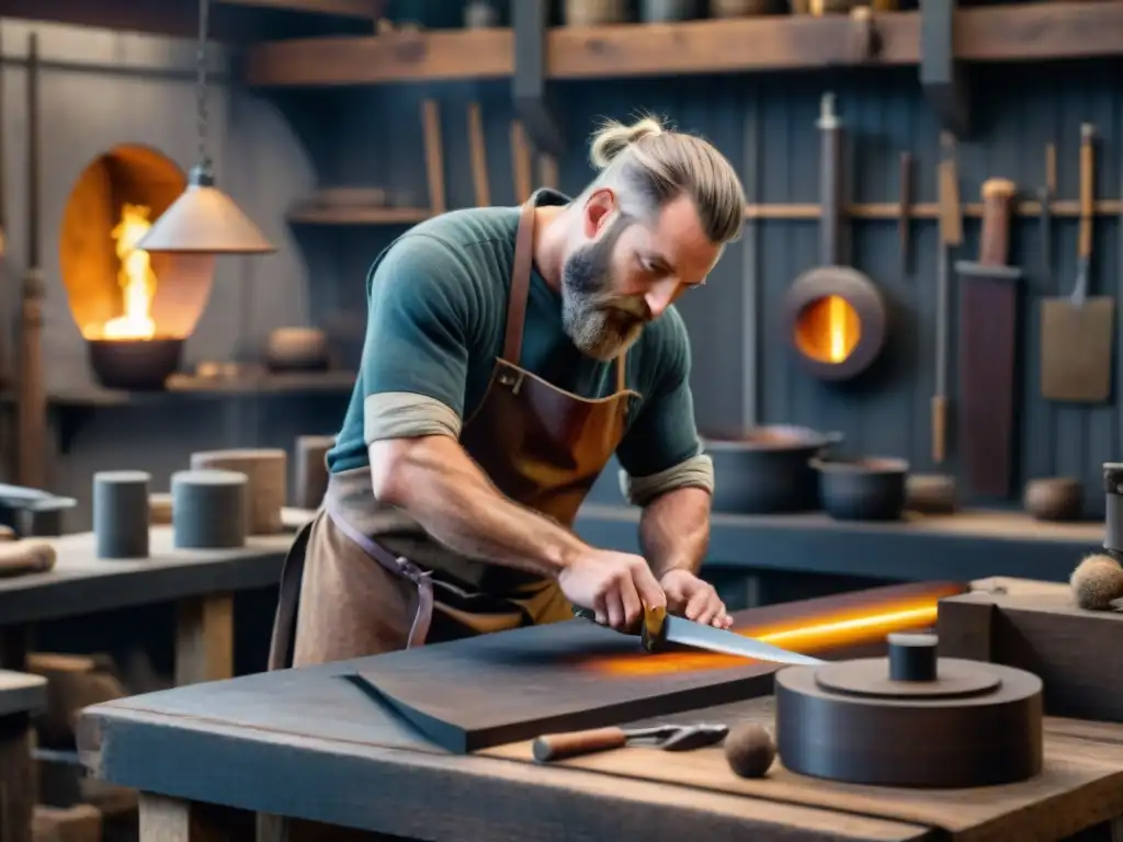 Inspiración creativa arte vikingo: Artesanos modernos crean armas y joyas vikingas en un taller rústico iluminado por la fragua