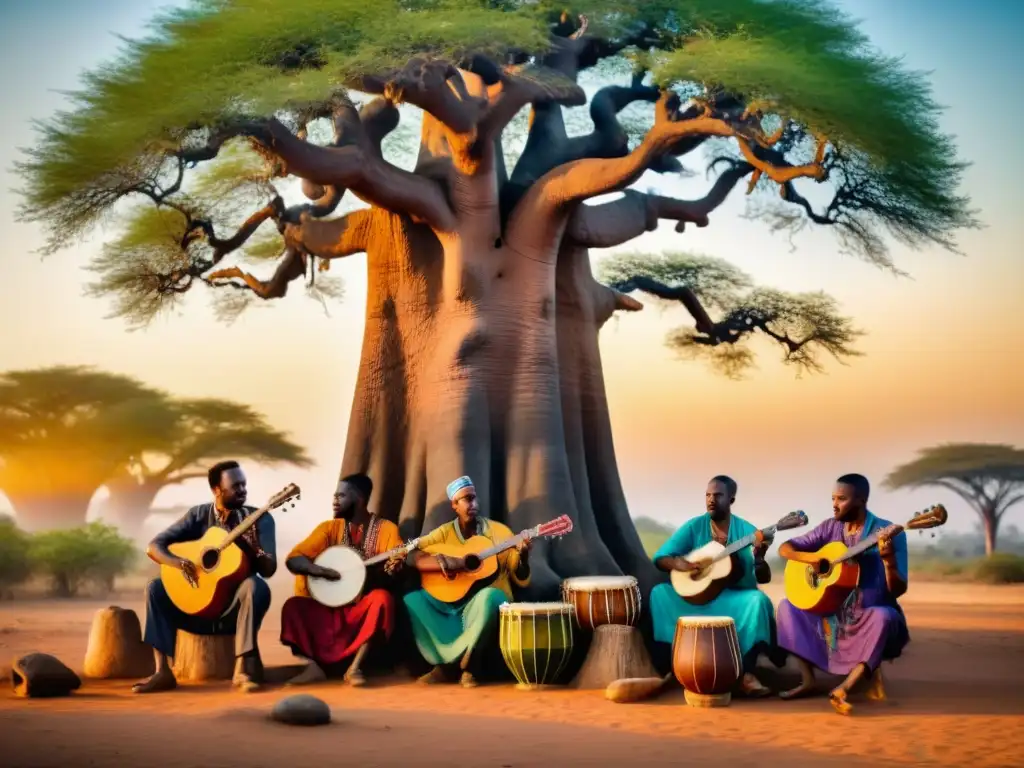 Inspiradora imagen de músicos africanos tocando bajo un baobab al atardecer, reflejando la influencia de la música africana en géneros actuales