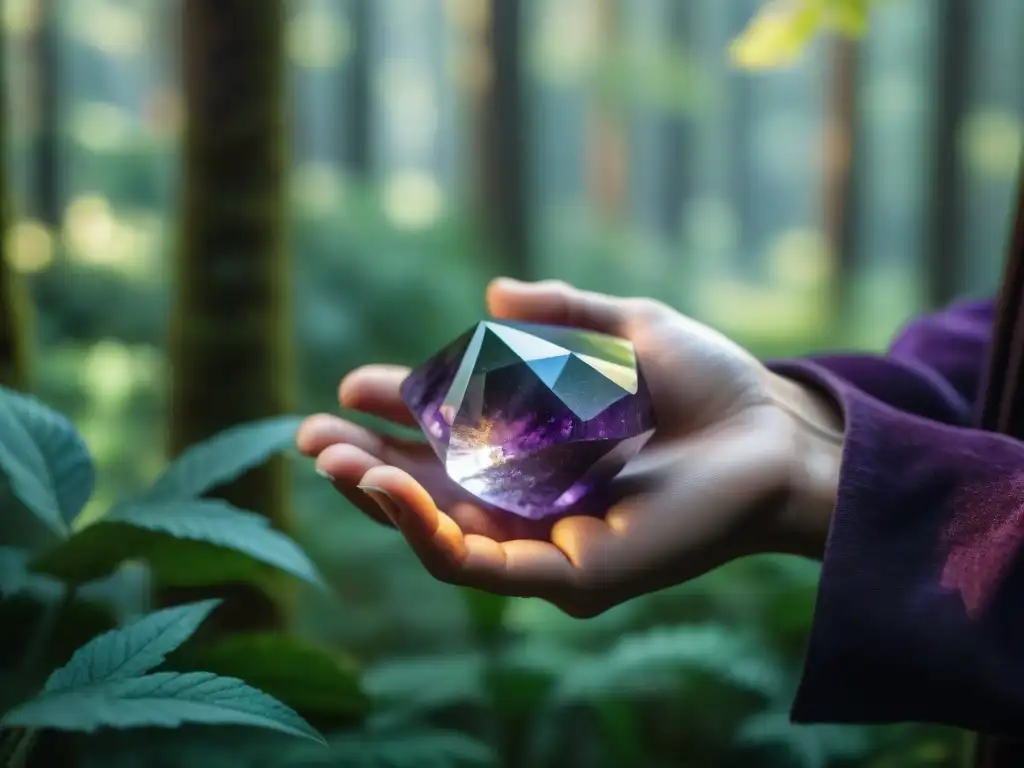 Un instante mágico: mano sostiene un cristal amatista, reflejando la luz en la naturaleza