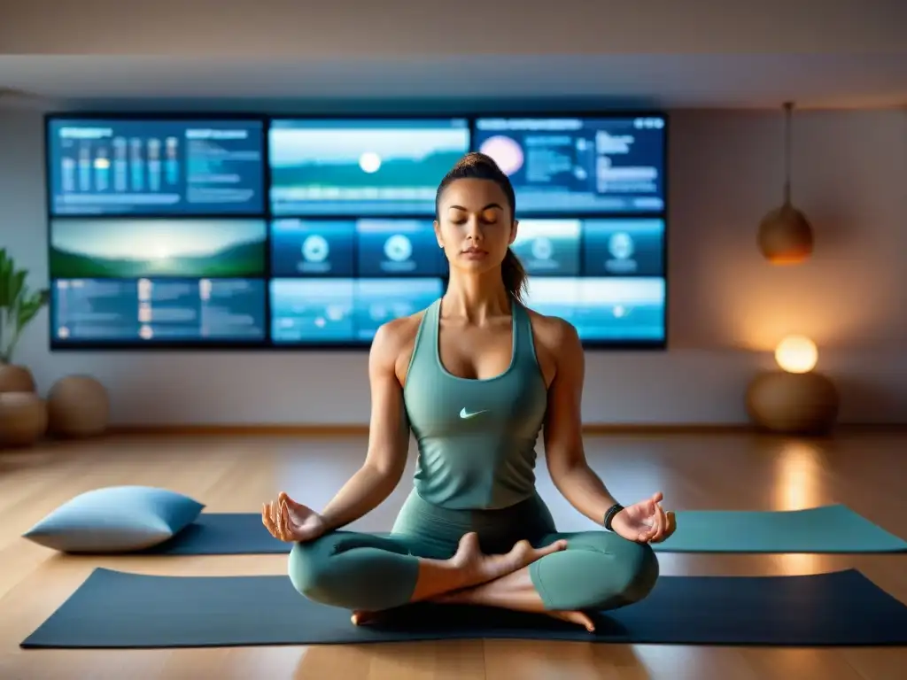 Un instructor de yoga armoniza sabiduría ancestral y tecnología en un ambiente sereno