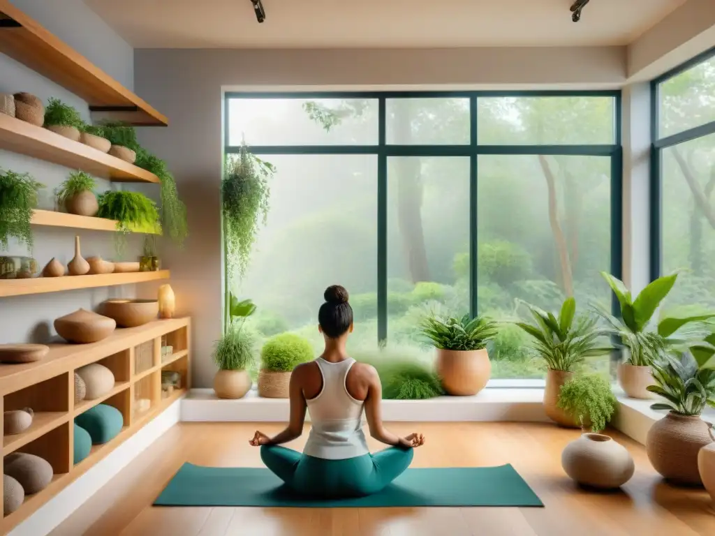 Un instructor de Yoga Ayurveda guía una clase en un estudio sereno con Remedios herbales en Yoga Ayurveda