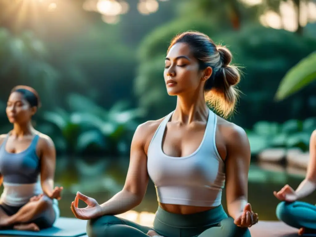 Instructor de yoga guía a grupo diverso en armonía zen, rodeados de naturaleza serena al atardecer