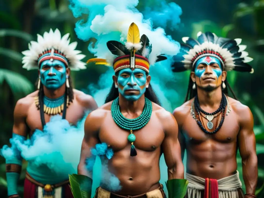 'Intensa ceremonia de chamanes Amazonas sabiduría ancestral entre humo y naturaleza exuberante'