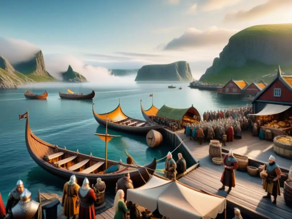 Intensa escena de comercio vikingo en un bullicioso mercado medieval costero