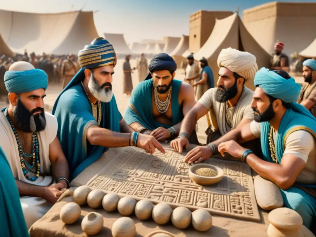 Mercaderes mesopotámicos en negociaciones intensas Intensas negociaciones comerciales entre mercaderes de Mesopotamia antigua, con cuneiformes y bienes dispersos