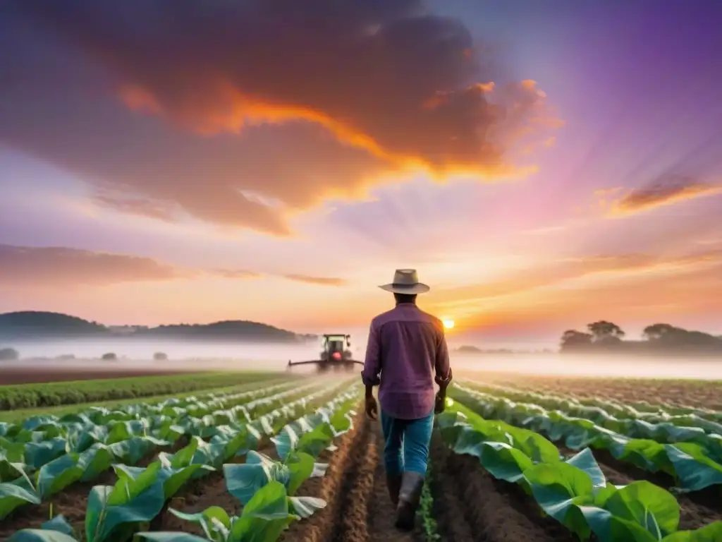 Paisaje agrícola al atardecer: armonía natural Intenso atardecer sobre campo agrícola, armonía entre naturaleza y agricultura