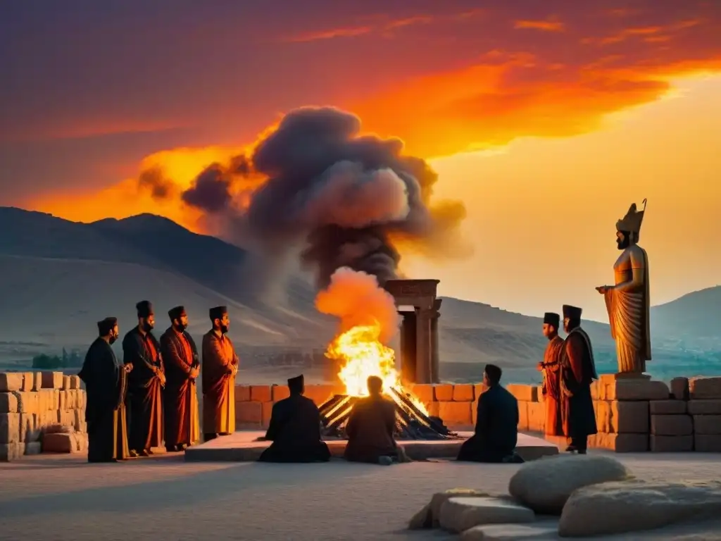 Intenso atardecer naranja sobre ruinas antiguas de Persepolis, con sacerdotes zoroastrianos en ritual de fuego en Persia