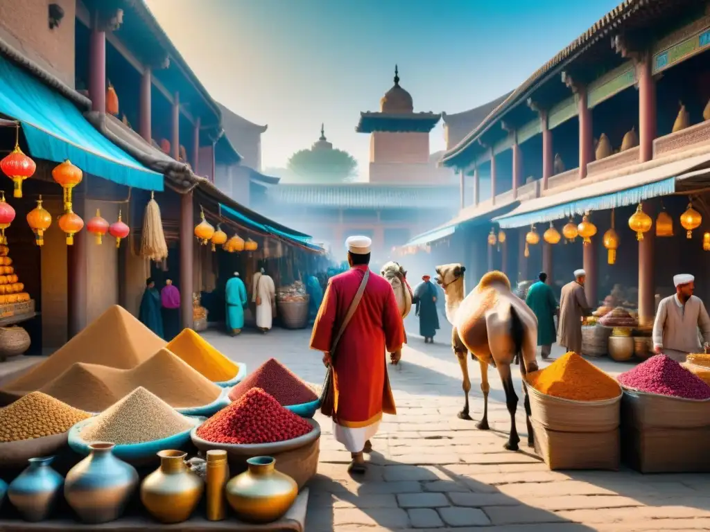 Mercado vibrante en la Ruta de la Seda: intercambios culturales antiguos Intenso intercambio en mercado de antiguas civilizaciones a lo largo de las Rutas Comerciales, con productos y coloridas telas