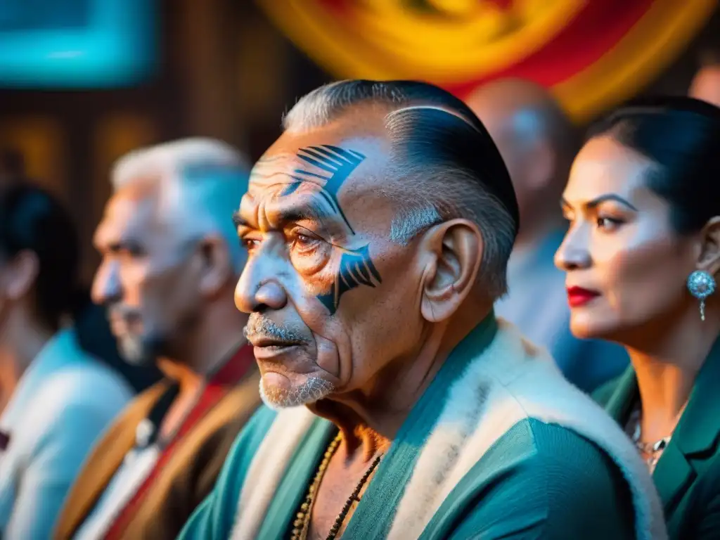 Intercambio de tradiciones orales culturas: Anciano Maorí con moko, relata historias a audiencia multicultural junto al fuego