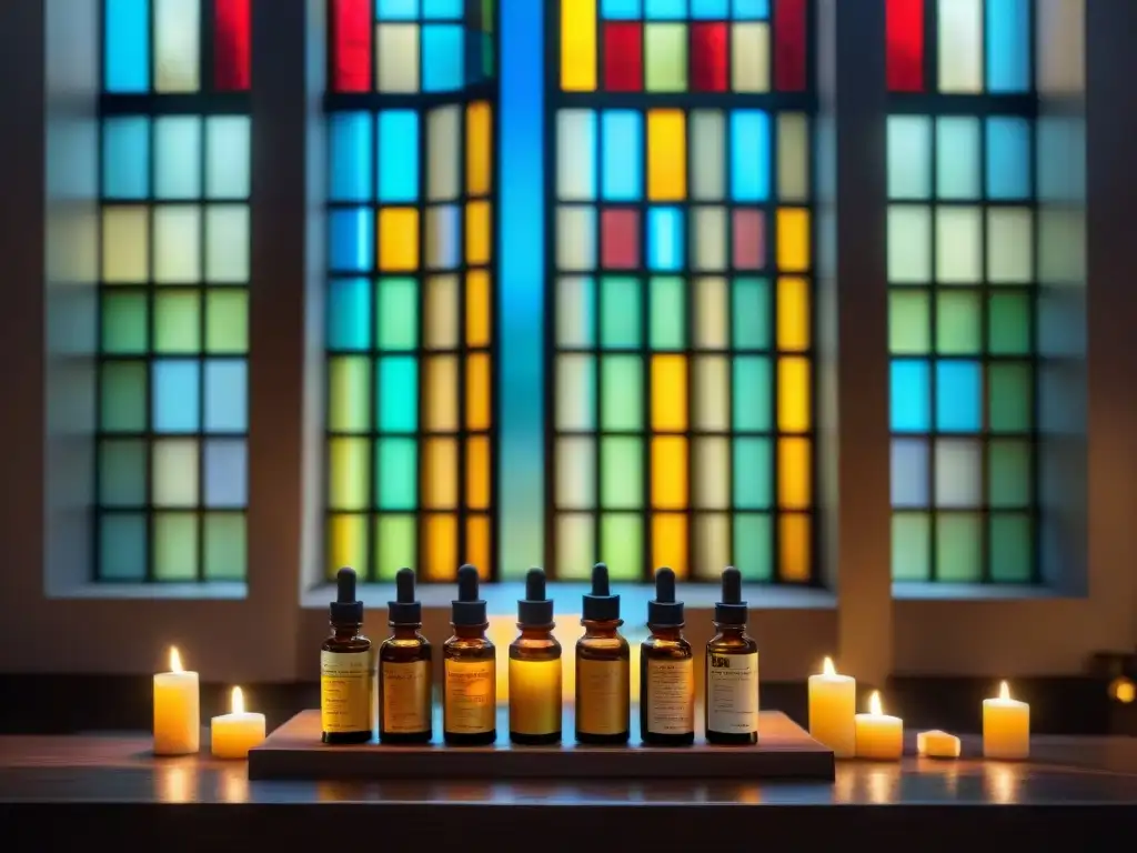 Interior sereno de templo iluminado con velas y antiguas botellas de aceites esenciales, emitiendo paz y tranquilidad