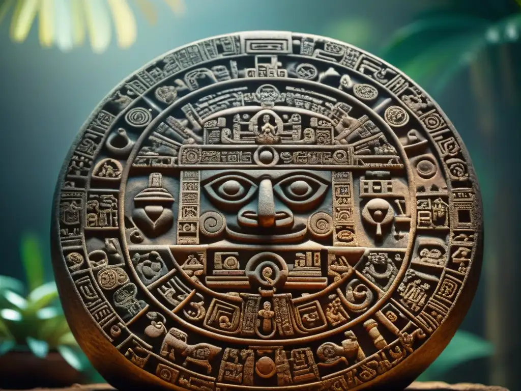 Una interpretación moderna del calendario maya, detallando intrincados grabados y jeroglíficos en piedra iluminada