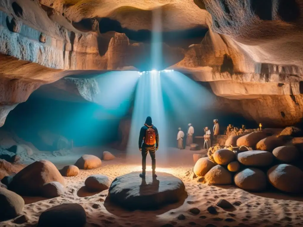 Interpretaciones esotéricas del mito platónico: misteriosas figuras en cueva iluminada por rayos de luz