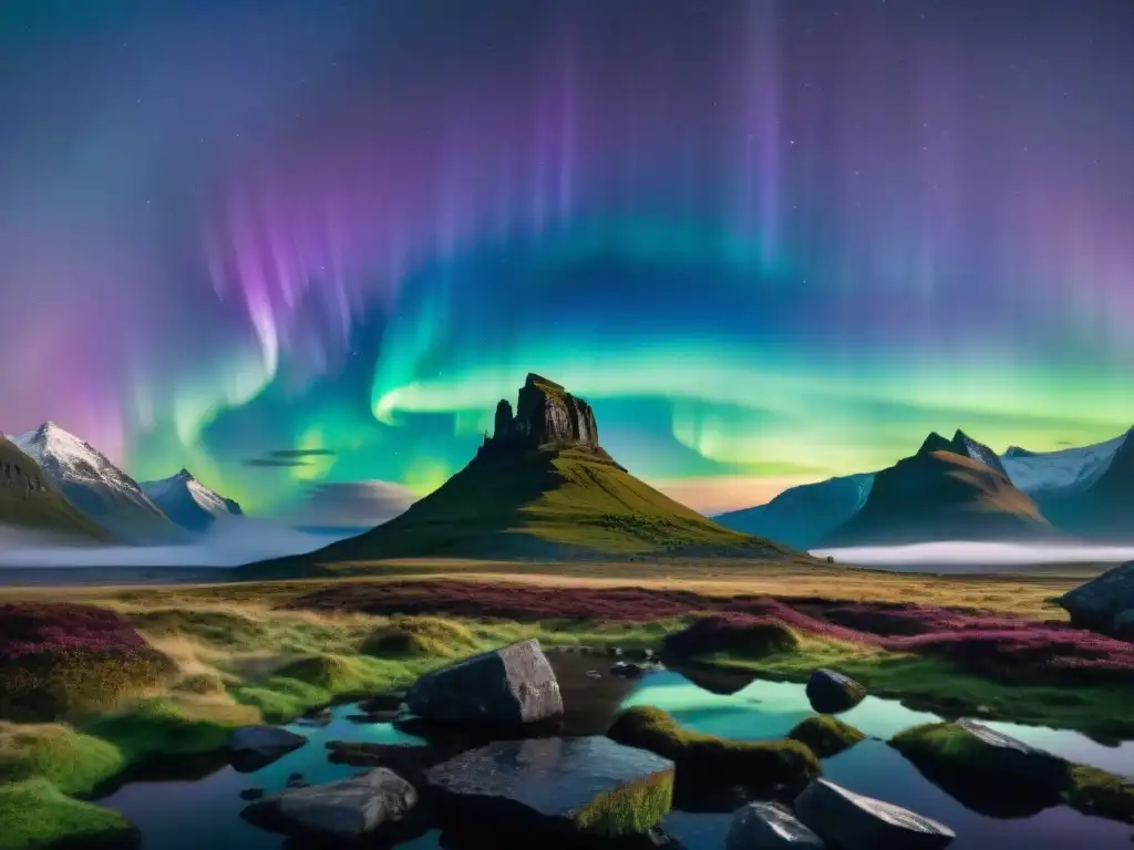 Interpretaciones místicas aurora boreal: Danza de colores celestiales sobre antiguas ruinas en la noche