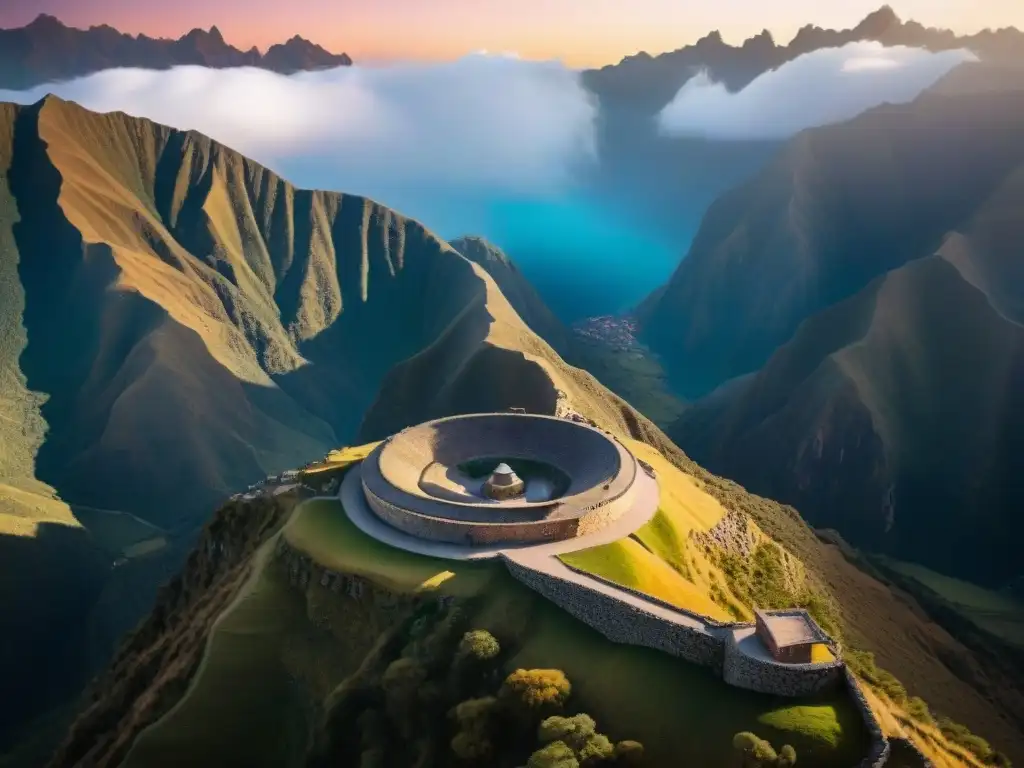 Intihuatana, observatorio Inca en los Andes, con ingeniería y astrología incas, bajo un atardecer vibrante y estrellado