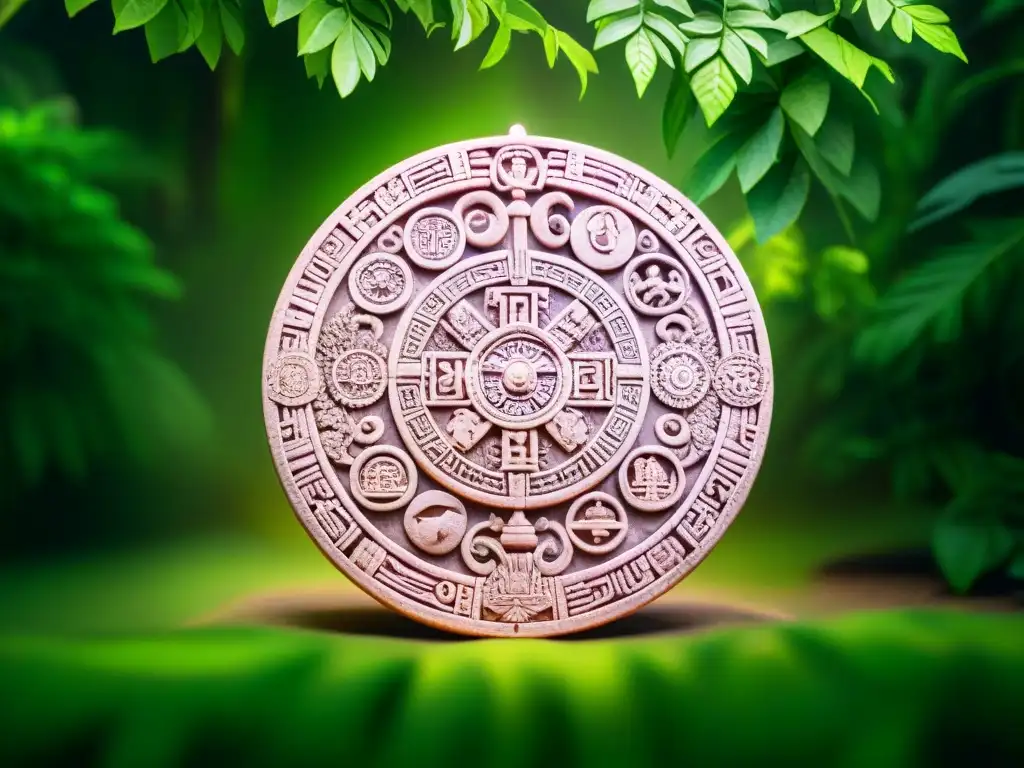 Intricado calendario maya en piedra, rodeado de selva y ruinas antiguas, con aura mística resaltando profecías mayas interpretaciones reveladas