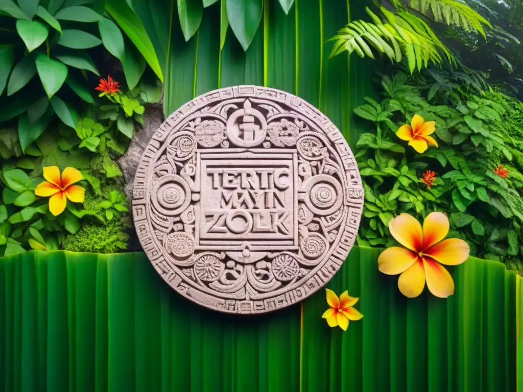 Intricado tallado de piedra del calendario Tzolk'in maya en la exuberante selva, con hieroglifos detallados y patrones intrincados, rodeado de flores tropicales y aves exóticas