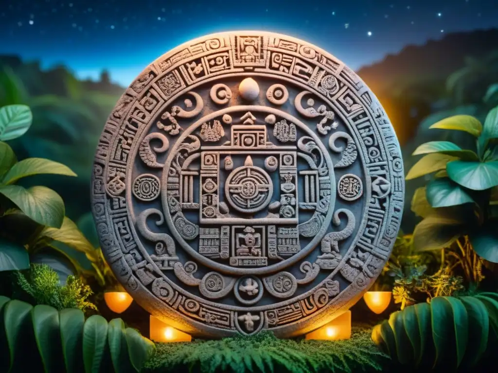 Intricado tallado de piedra del calendario maya bajo un cielo estrellado en la jungla, iluminado por antorchas