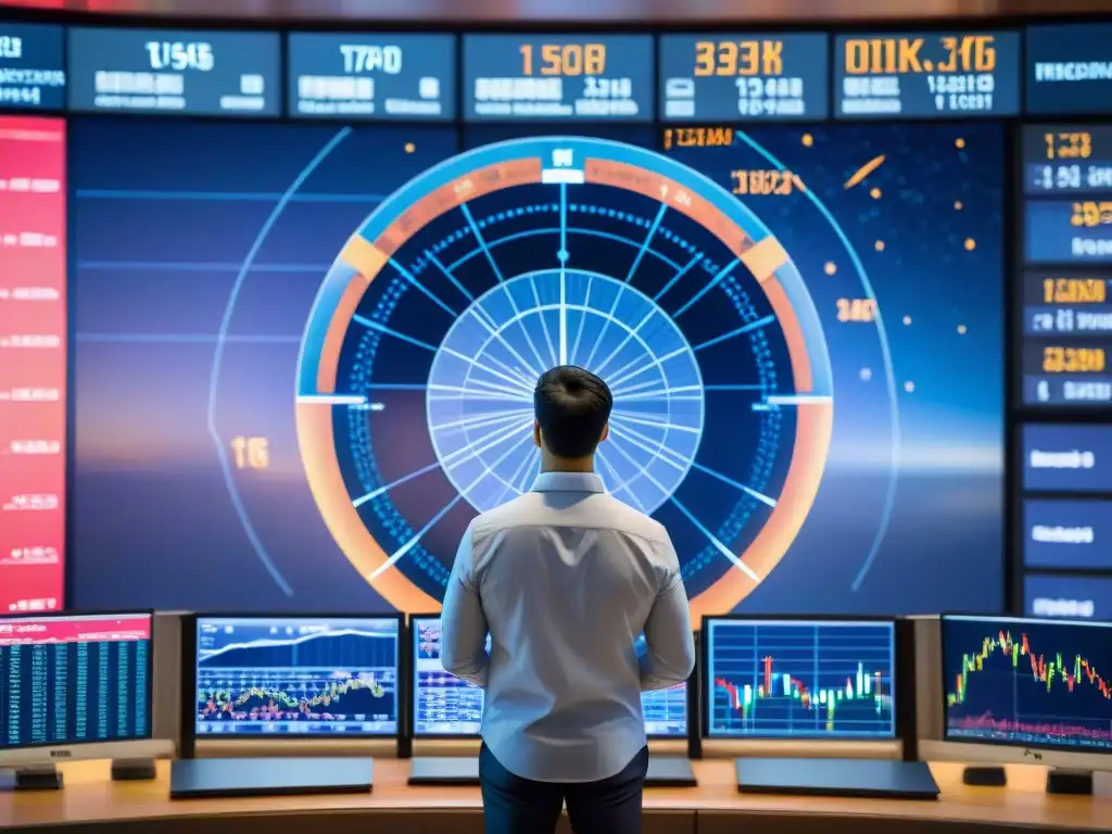 Un intrigante cruce entre un mapa estelar y una bulliciosa bolsa de valores, fusionando símbolos astrológicos con datos financieros