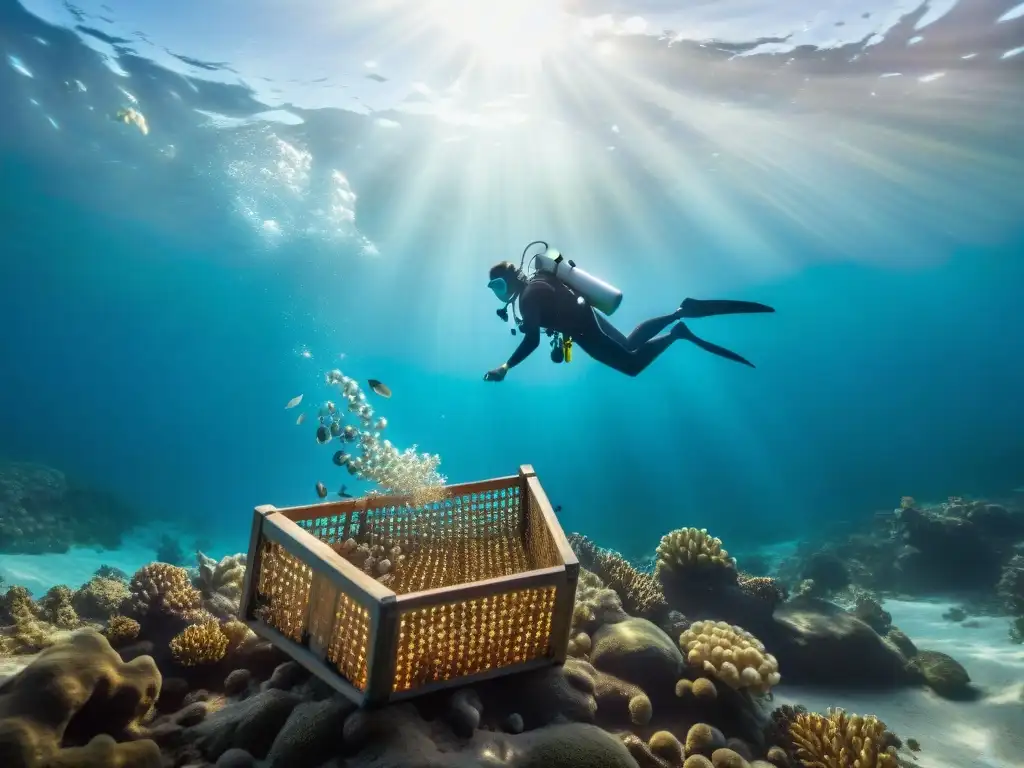 Intrigante escena de buceo ancestral en busca de perlas, con diversidad marina