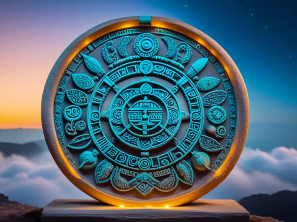 Intrincada piedra del calendario maya iluminada por la luna, muestra conexión cósmica y astrología maya