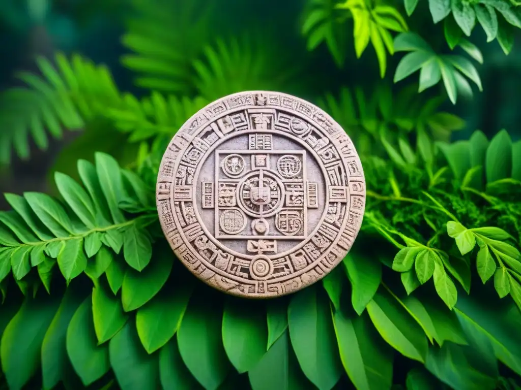 Calendario Maya ancestral en la selva: detalle impresionante Intrincada piedra del calendario maya en selva exuberante, resaltando la cronomanía en civilizaciones antiguas