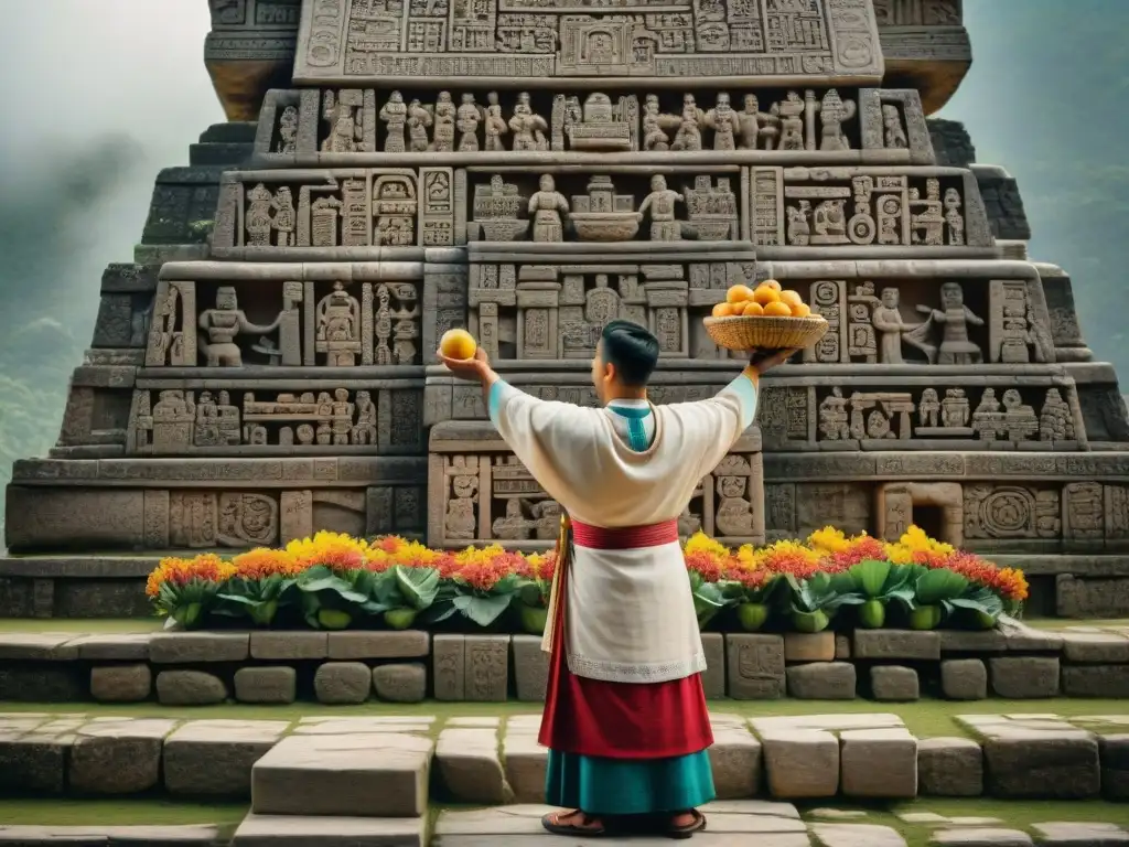 Intrincada escultura maya de un sacerdote realizando una ofrenda a los dioses, con detallados jeroglíficos