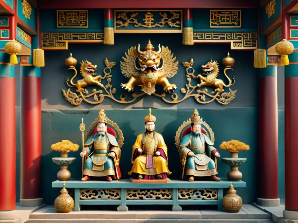 Trono imperial: poder y sabiduría en la antigua China Intrincada escultura de piedra muestra emperadores chinos rodeados de cortesanos en palacio imperial