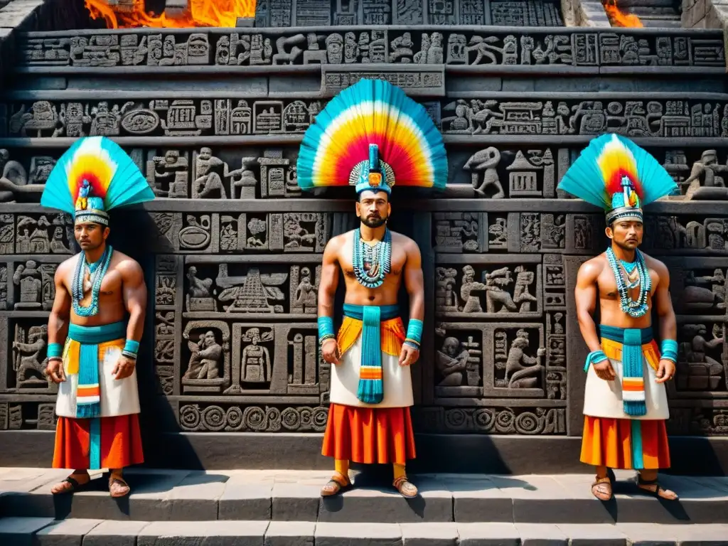 Intrincada escultura de piedra de sacerdotes mayas en templo adornado con jeroglíficos, realizando cantos en civilizaciones precolombinas