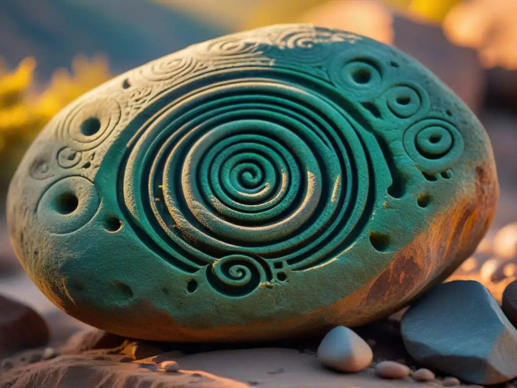 Espiral ancestral tallada en piedra: detalle asombroso al atardecer Intrincada espiral petroglifo en roca arenisca, iluminada por el sol poniente