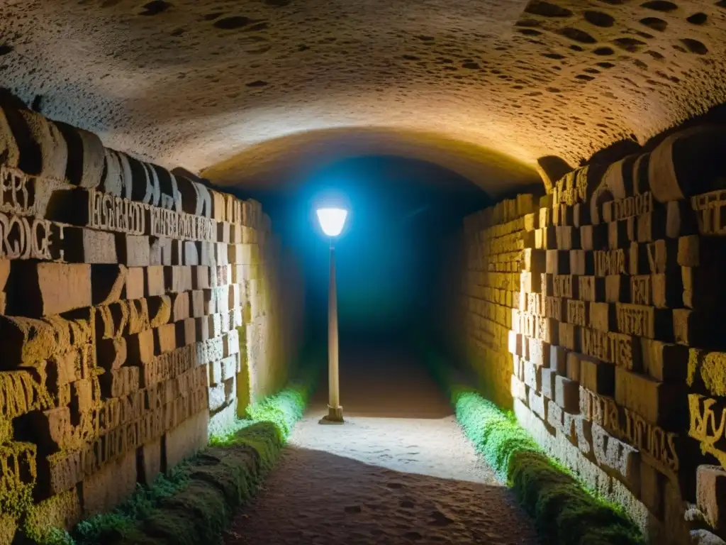 Explora la intrincada historia de las catacumbas de París, con inscripciones antiguas y sombras danzantes