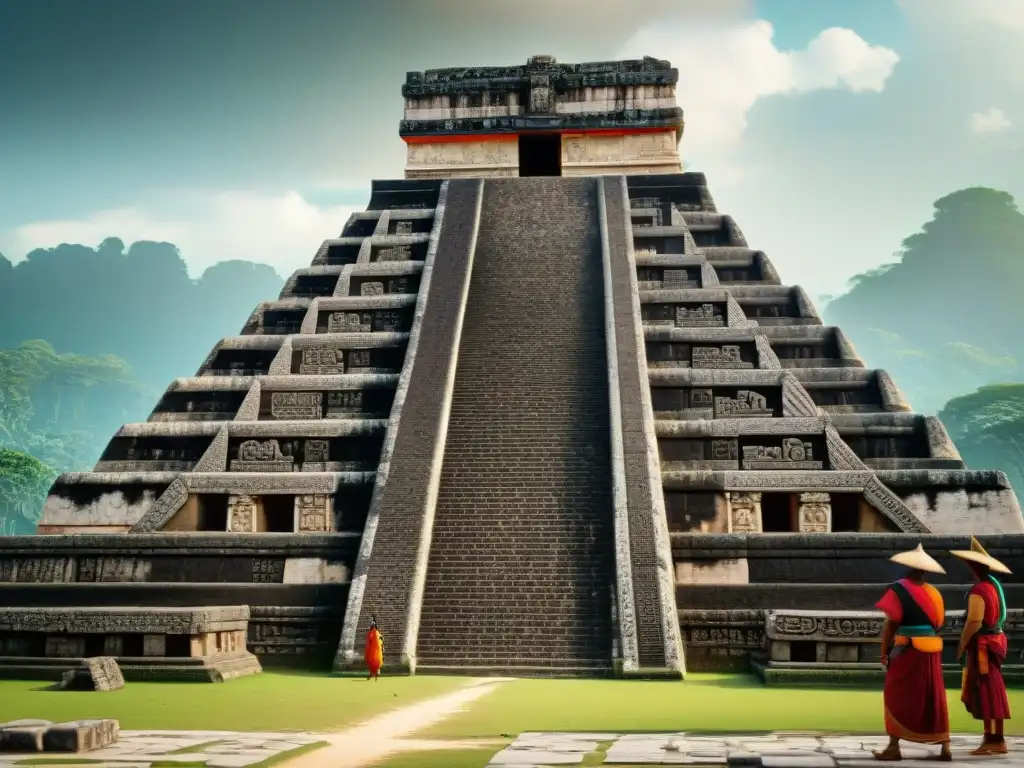 Intrincada construcción maya: bloques de piedra adornados con jeroglíficos, obreros en un sitio de construcción