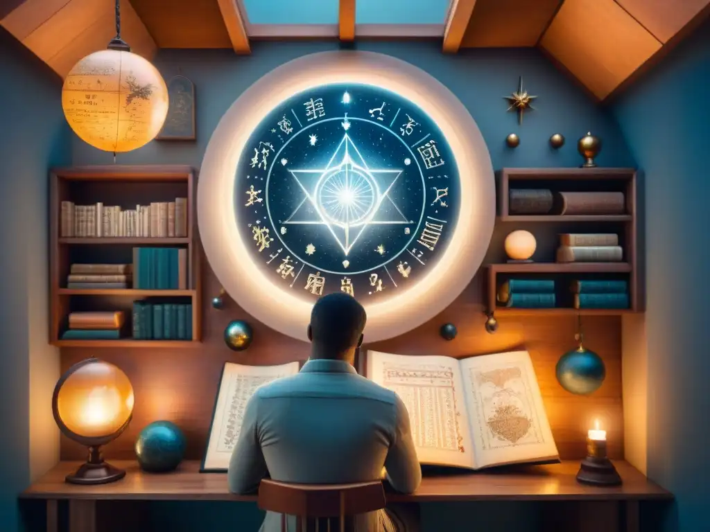 Intrincada ilustración de persona analizando cartas astrales en ambiente místico con libros de astrología y herramientas antiguas