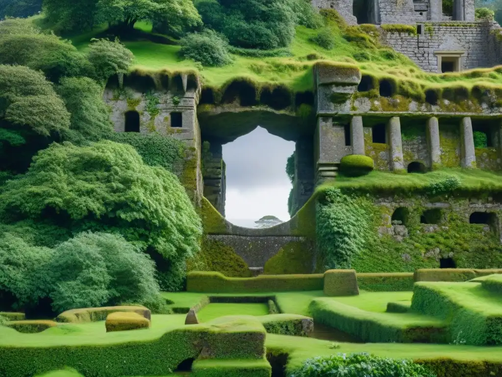 Intrincada piedra de Blarney cubierta de musgo en el verde paisaje del castillo, evocando poder elocuencia y misterio