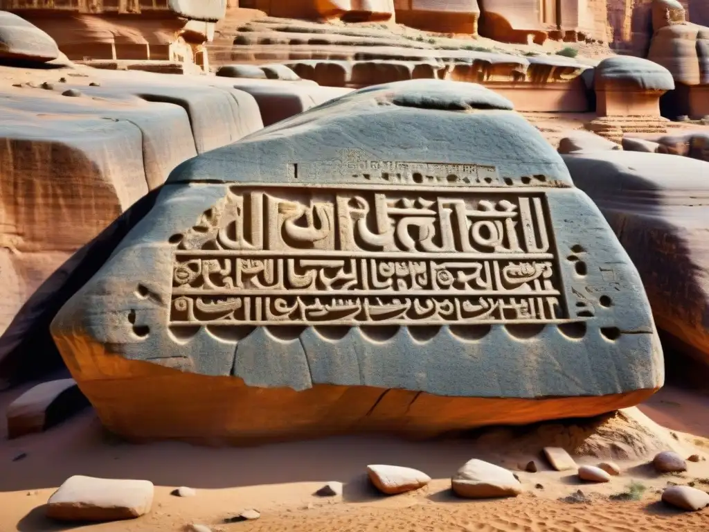 Intrincada inscripción en piedra de escritura Nabatea en Petra, iluminada por luz dorada al atardecer, revelando la fusión árabe y aramea