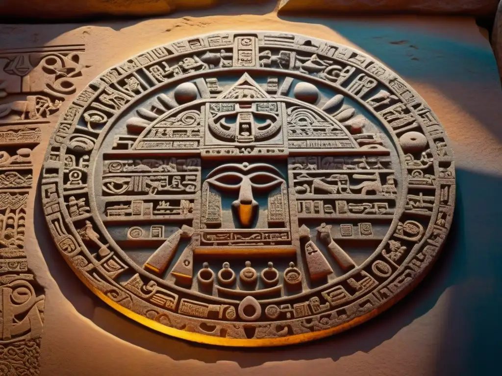 Intrincada profecía maya calendario cuenta larga tallada en piedra, iluminada por el suave atardecer