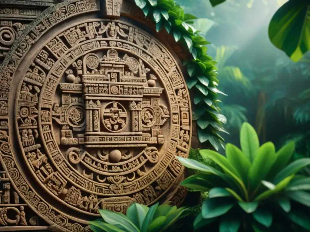 Intrincada profecía maya en piedra: calendario cuenta larga con símbolos celestiales, historia y naturaleza