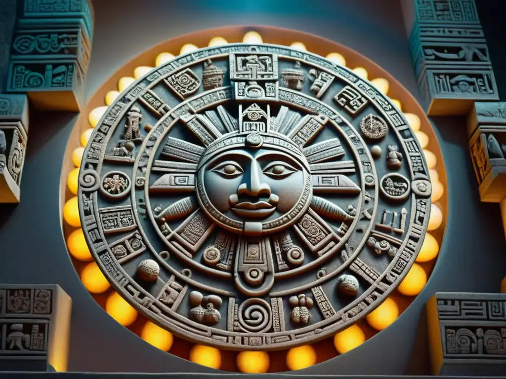 Intrincada talla de piedra del calendario maya, representando ciclos celestiales y el tiempo